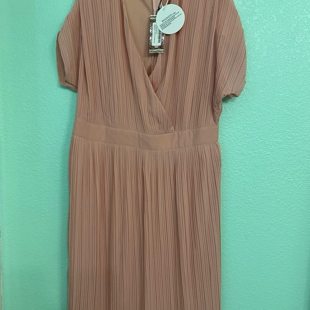 Boohoo Pink Pleated Wrap Midi Dress with Puff Sleeves